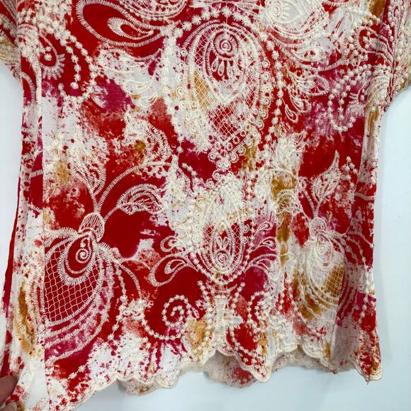 Solitaire Embroidered Tie Dye Red Orange White Boho Western Top Small - Picture 4 of 8